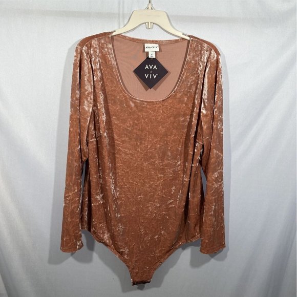 NWT Ava & Viv [ Plus Size 1X ] Long Sleeve Velvet Bodysuit‎ in Pink Peach - Picture 2 of 12